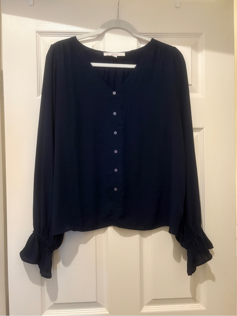Loft Navy V-Neck Button Front Long Sleeve Blouse Large